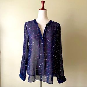 Banana Republic- Sheer Top Navy with Pink and White Pattern Long Sleeve. Size M